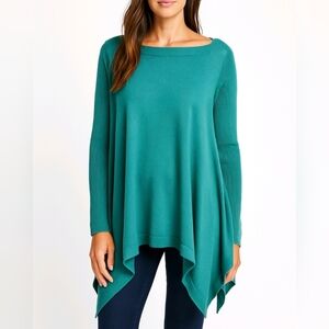 ST. JOHN Sweater Turquoise 100% Wool Long Sleeve Asymmetrical Hem Size P